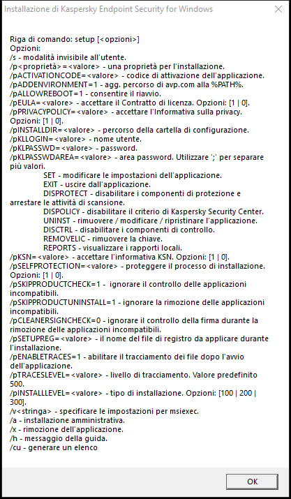 Finestra con le descrizioni delle opzioni di comando per installare l'applicazione tramite CMD.