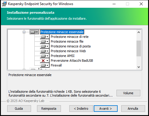 Finestra del programma di installazione con un elenco di componenti selezionabili dall'utente.