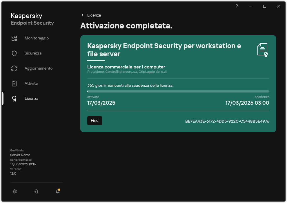 La finestra contiene informazioni sulla licenza: data di scadenza, funzioni disponibili e altre informazioni.