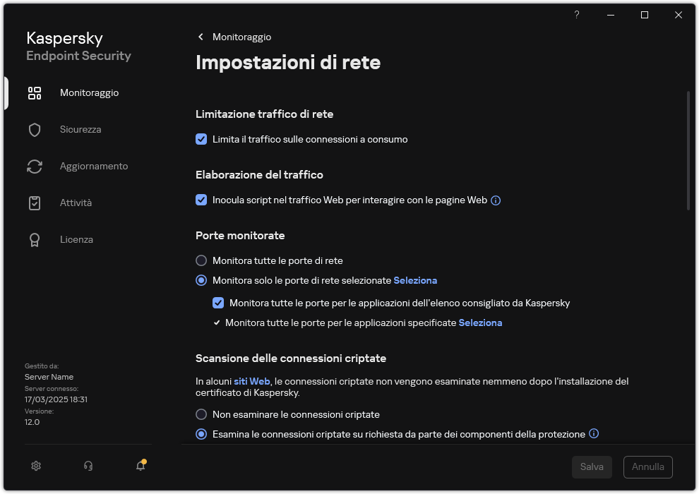 Finestra delle impostazioni di rete dell'applicazione.