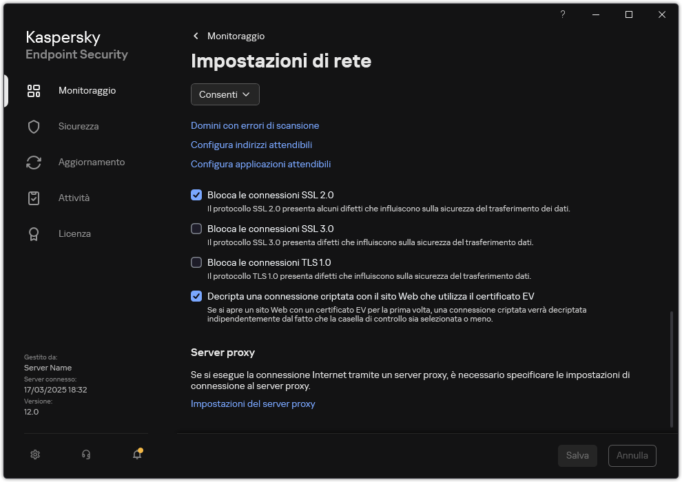 Finestra delle impostazioni di rete dell'applicazione.