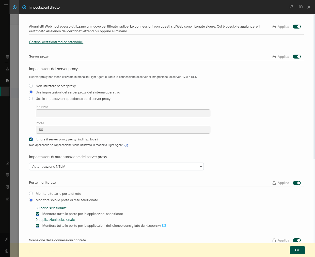 Finestra delle impostazioni di rete dell'applicazione. L'utente può configurare le impostazioni del server proxy.