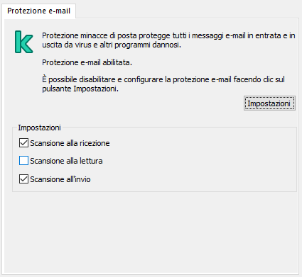 Estensione di Kaspersky per la finestra di Outlook. L'utente può configurare i messaggi da analizzare quando ricevuti, letti o inviati.