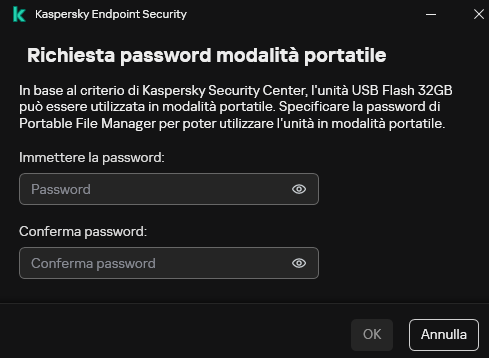 La finestra contiene i campi per l'immissione e la conferma della password.