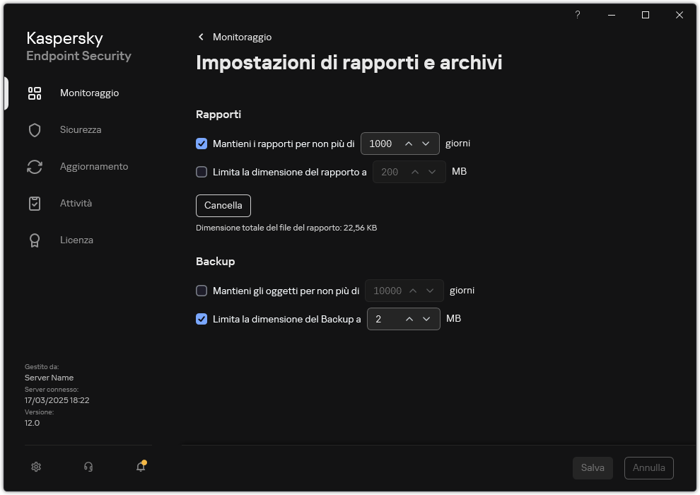 Finestra Impostazioni di rapporti e archivi. L'utente può impostare la dimensione e limitare il tempo di archiviazione dei rapporti e degli oggetti nel repository.