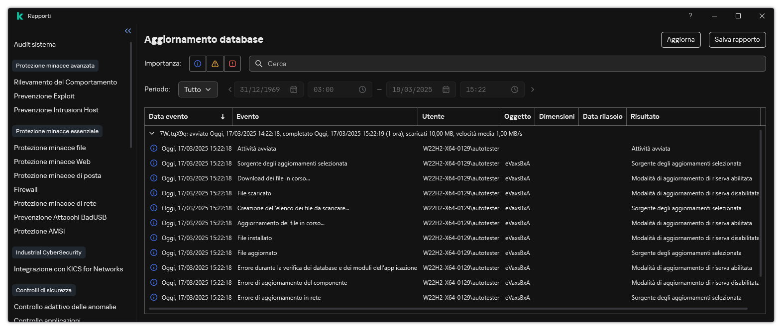 Una finestra con l'elenco degli eventi nel rapporto. L'utente può filtrare/ordinare gli eventi e salvare i rapporti in un file.
