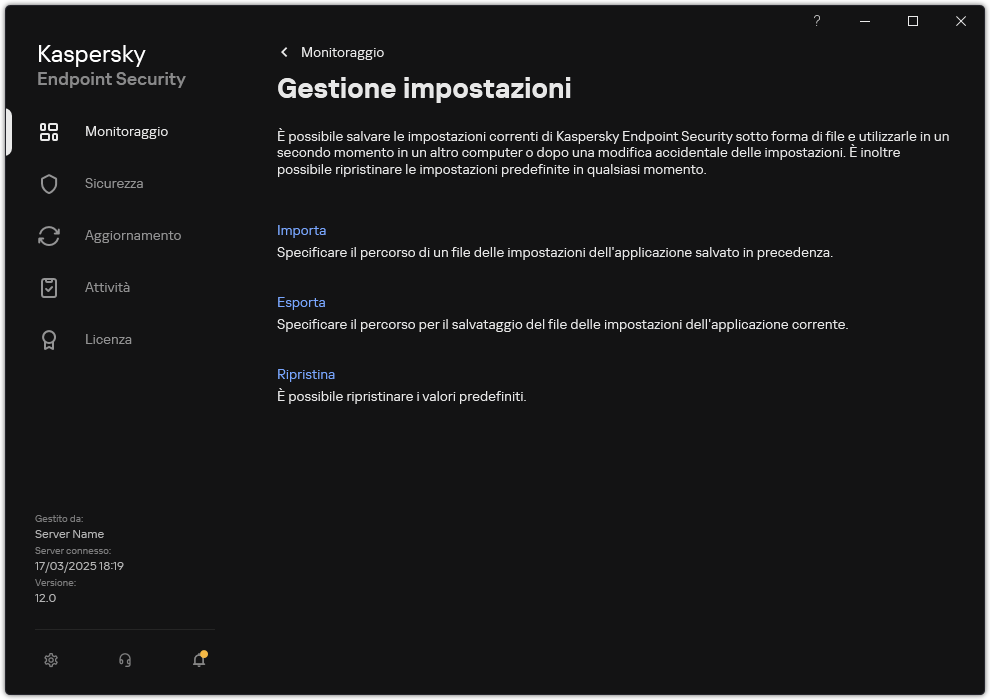 Finestra delle impostazioni di esclusione. L'utente può esportare, importare o ripristinare le impostazioni dell'applicazione.