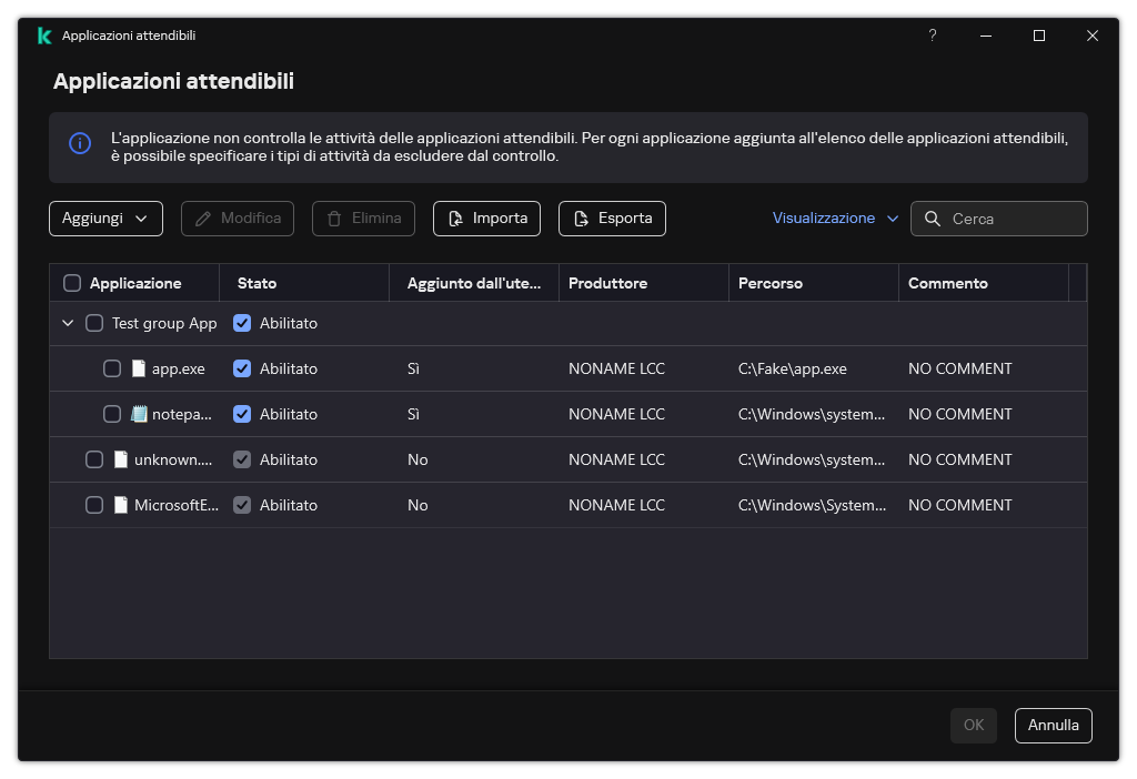 Una finestra con l'elenco delle applicazioni attendibili. L'utente può aggiungere, modificare o rimuovere un'applicazione attendibile.