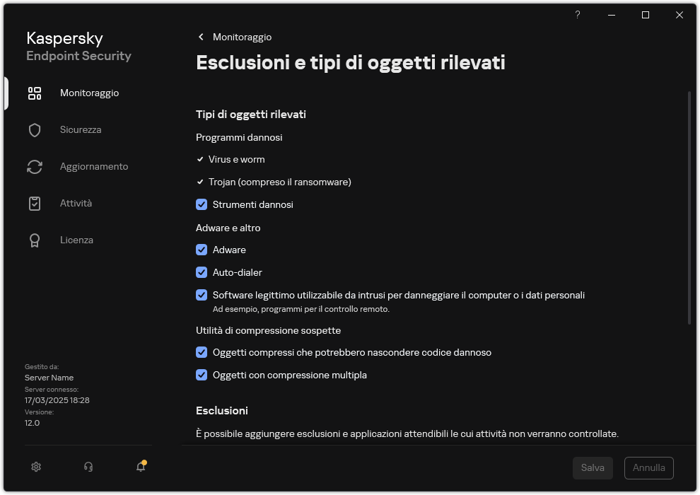 Finestra delle impostazioni di esclusione. L'utente può selezionare i tipi di oggetti rilevati e aggiungere oggetti alle esclusioni.