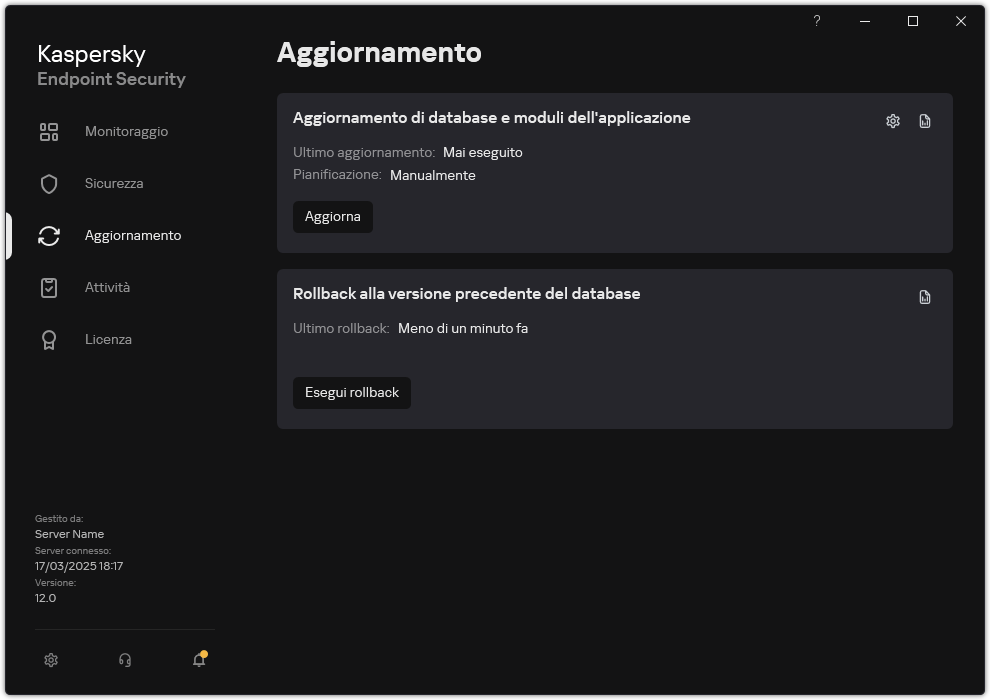 Una finestra con l'elenco delle attività di aggiornamento locali. L'utente può avviare l'aggiornamento dei database e dei moduli dell'applicazione, nonché eseguire il rollback dell'ultimo aggiornamento.