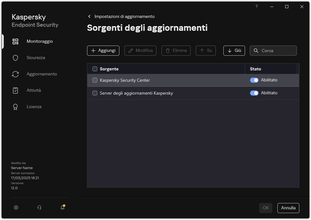 Una finestra con l'elenco delle sorgenti degli aggiornamenti. L'utente può aggiungere sorgenti degli aggiornamenti e assegnare una priorità alla sorgente.