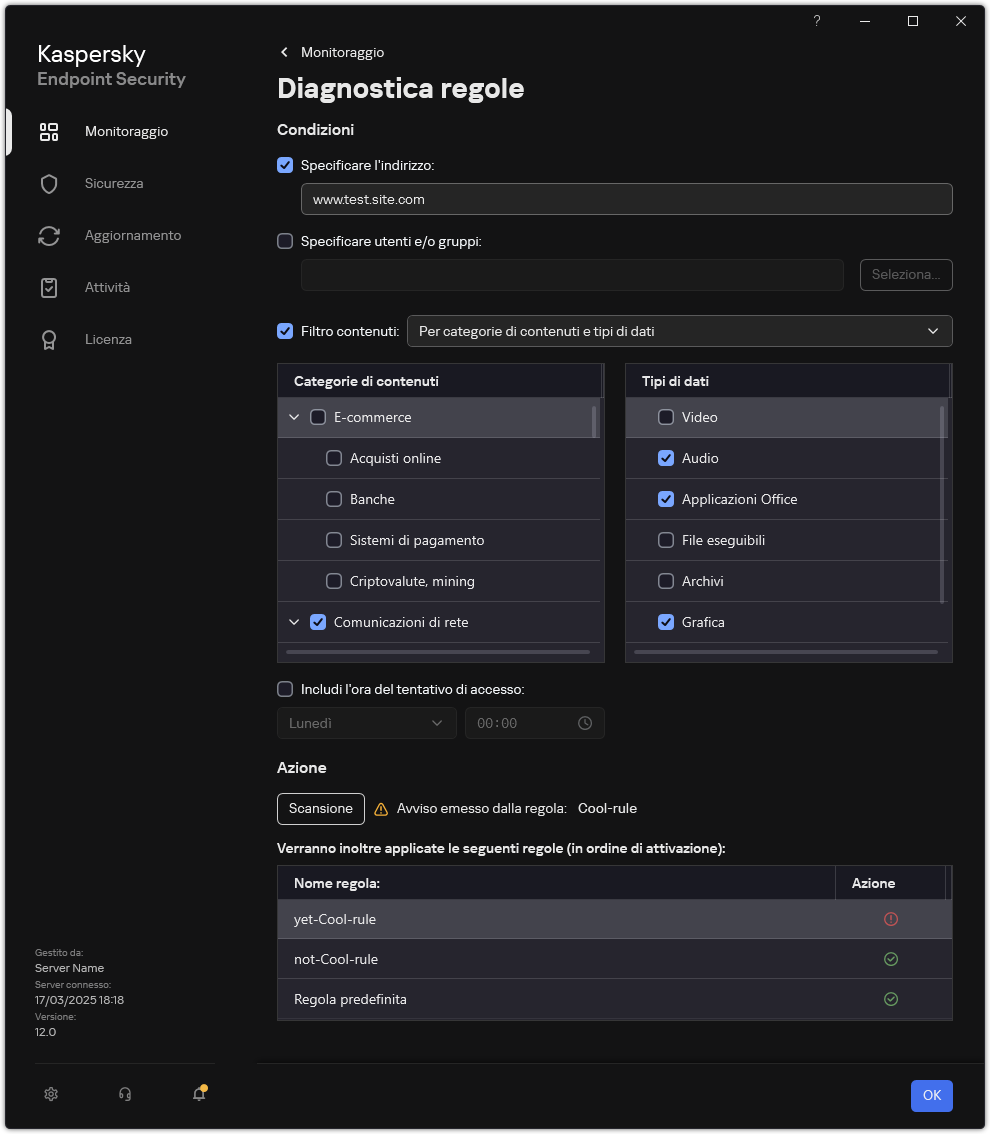 Finestra dei risultati del test delle risorse Web.