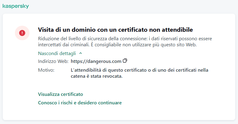 Notifica di Kaspersky sulla visita a un dominio con un certificato non attendibile nella finestra del browser. L'utente può continuare a lavorare.
