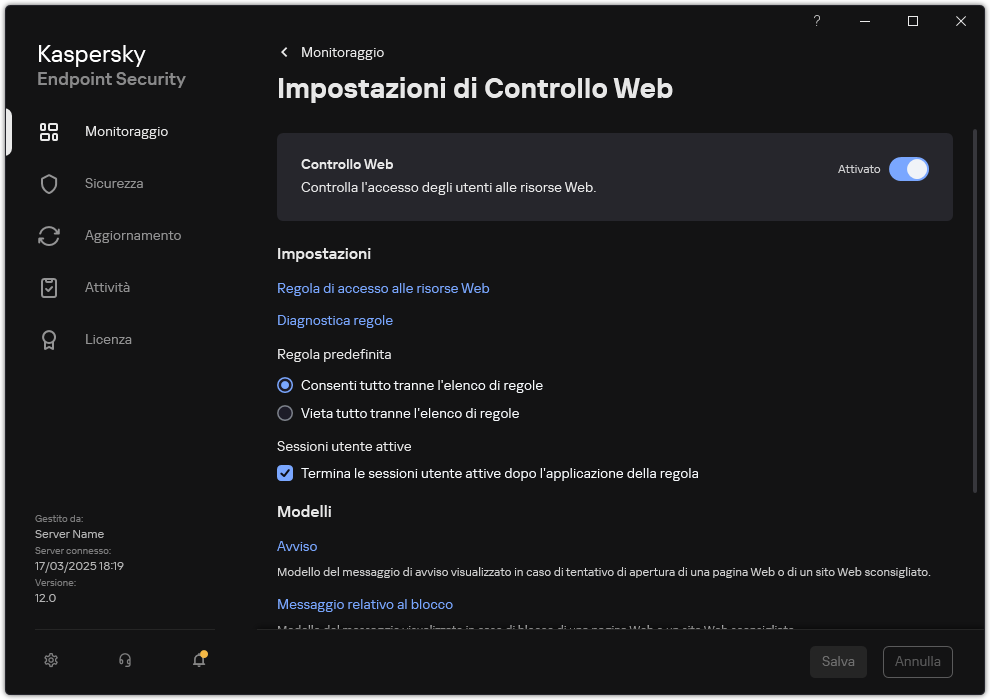 Finestra delle impostazioni di Controllo Web.