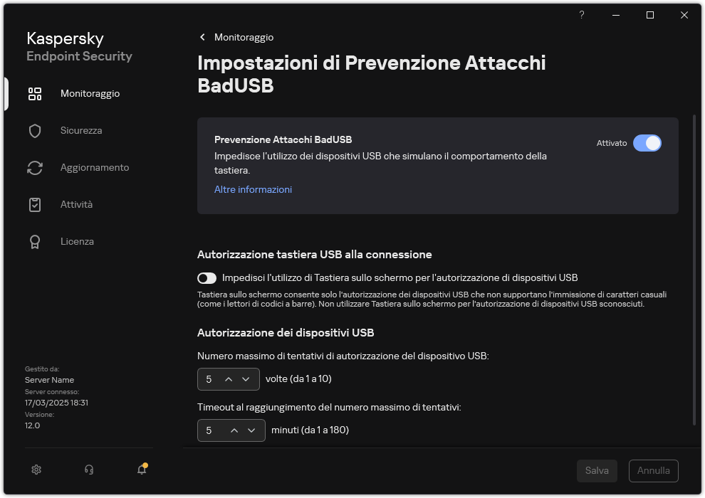 Finestra delle impostazioni di Prevenzione Attacchi BadUSB.