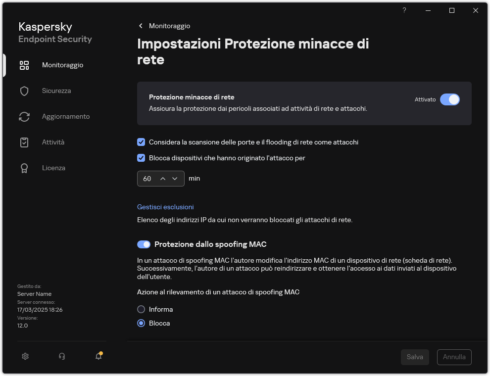 Finestra Impostazioni di Protezione minacce di Rete