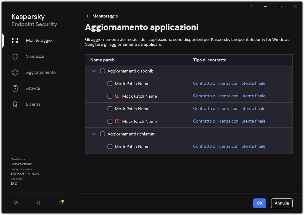 Finestra con un elenco delle patch disponibili. L'utente può selezionare le patch e accettare i termini e le condizioni degli accordi.
