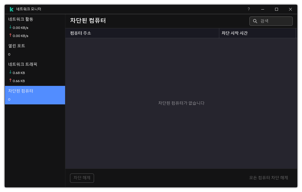 차단된 컴퓨터 목록이 있는 네트워크 모니터 창. 개별 컴퓨터 또는 모든 컴퓨터의 차단을 해제할 수 있습니다.