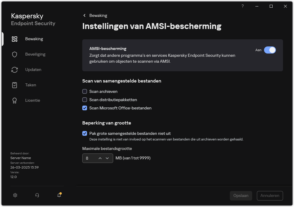 Venster voor instellingen van AMSI-bescherming