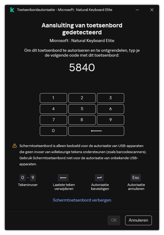 Het venster met de autorisatiecode voor het toetsenbord en Schermtoetsenbord. De gebruiker kan de code invoeren.