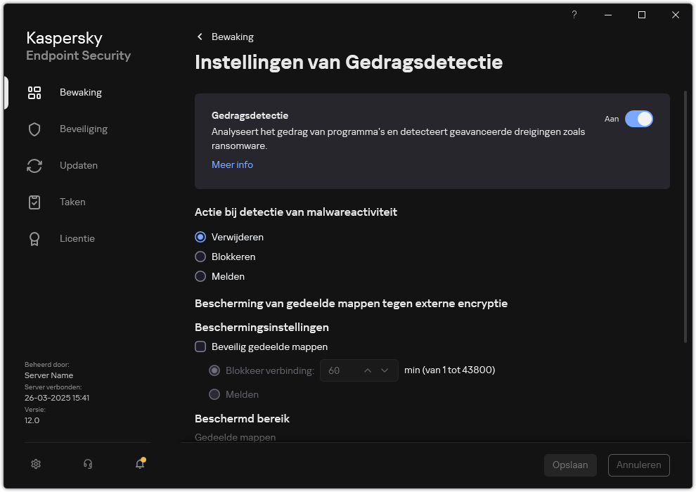 Venster Instellingen van Gedragsdetectie