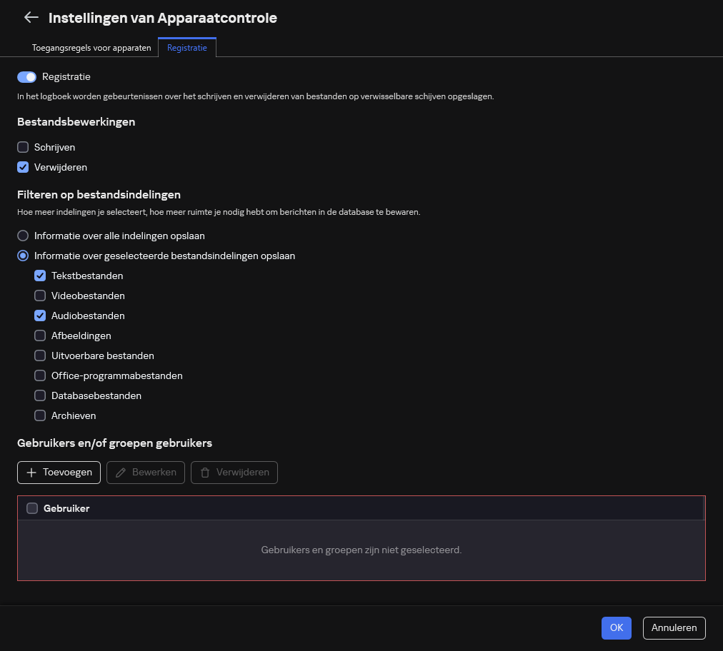 Het venster voor het configureren van de registratie van gebeurtenissen over het gebruik van verwisselbare schijven. De gebruiker kan de gebeurtenissen selecteren die moeten worden geregistreerd.