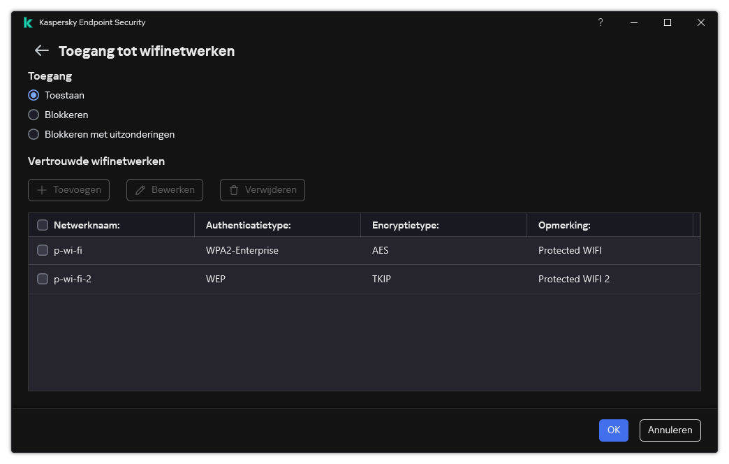 Een venster met een lijst met wifinetwerken. De gebruiker kan de toegang tot alle Wi-Fi-netwerken configureren en vertrouwde wifinetwerken toevoegen.
