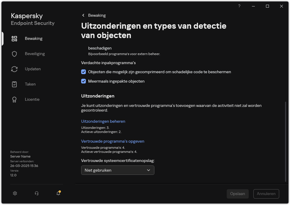 Venster instellingen voor uitzonderingen. De gebruiker kan uitzonderingen en vertrouwde programma's toevoegen.