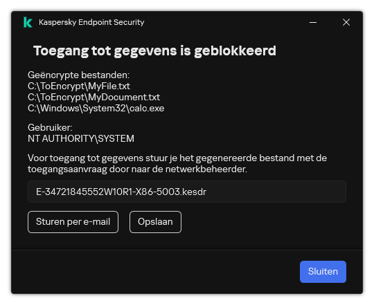 Een venster met een verzoekbestand om toegang te krijgen tot gecodeerde gegevens. De gebruiker kan het gegenereerde bestand opslaan op schijf of per e-mail verzenden.