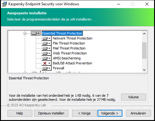 Installatievenster met een lijst componenten die een gebruiker kan selecteren.