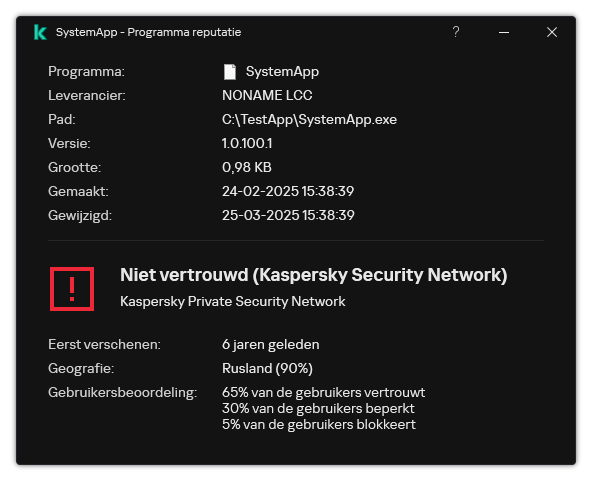 Het venster bevat informatie over de bestandsreputatie en andere gegevens, zoals de aanwezigheid van een digitale handtekening.