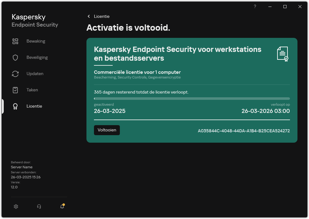 Het venster bevat informatie over de licentie: vervaldatum, beschikbare functies en andere informatie.