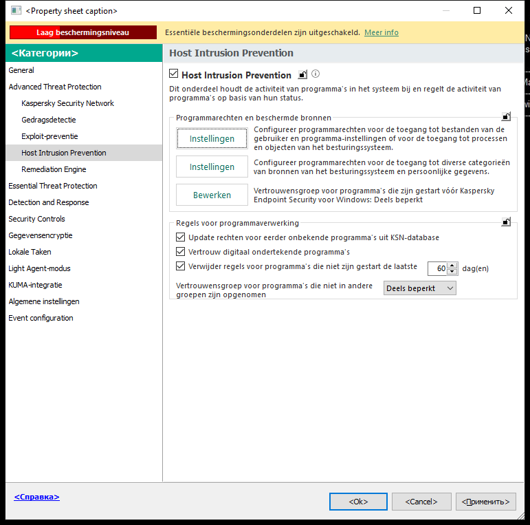 Venster Instellingen van Inbraakpreventie.