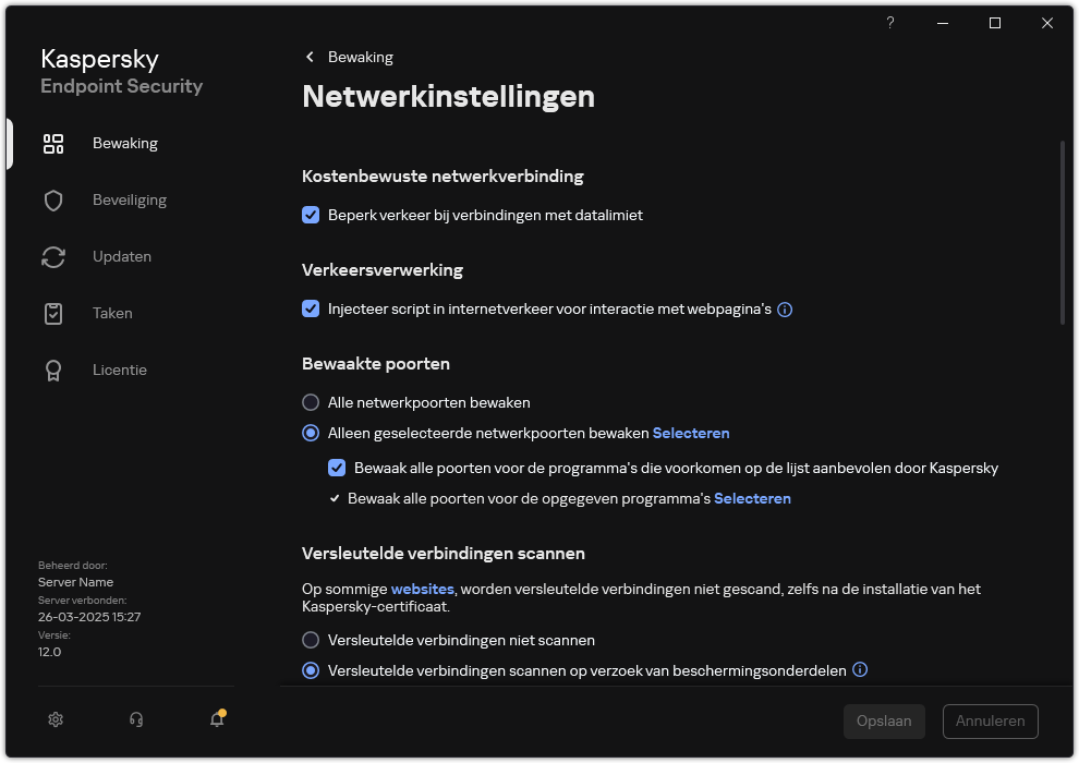 Venster met netwerkinstellingen van het programma.