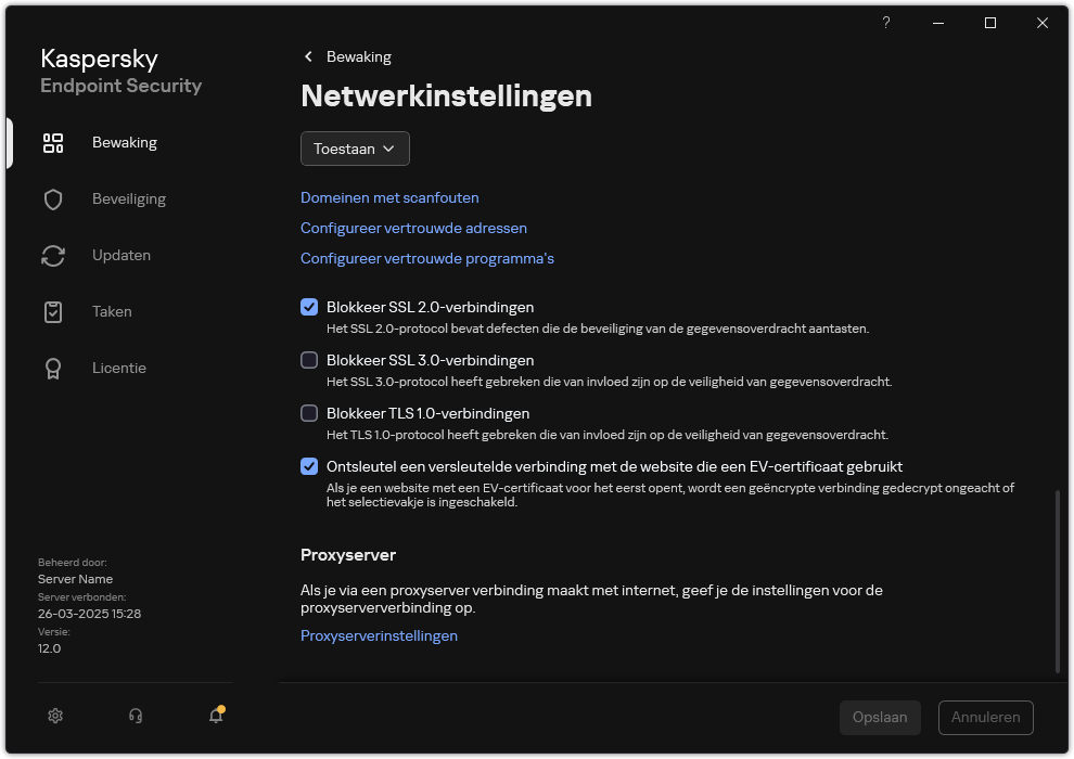 Venster met netwerkinstellingen van het programma.