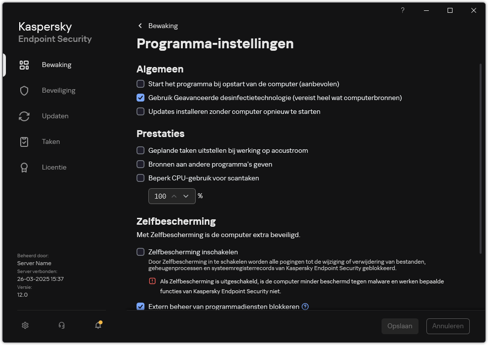 Venster programma-instellingen. De gebruiker kan prestaties, zelfverdediging en andere instellingen configureren.