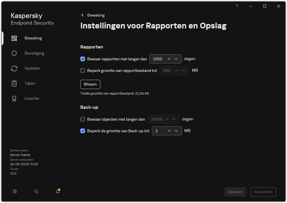 Venster Rapporten en opslaginstellingen. De gebruiker kan de grootte instellen en de opslagtijd beperken van rapporten en objecten in de opslagplaats.