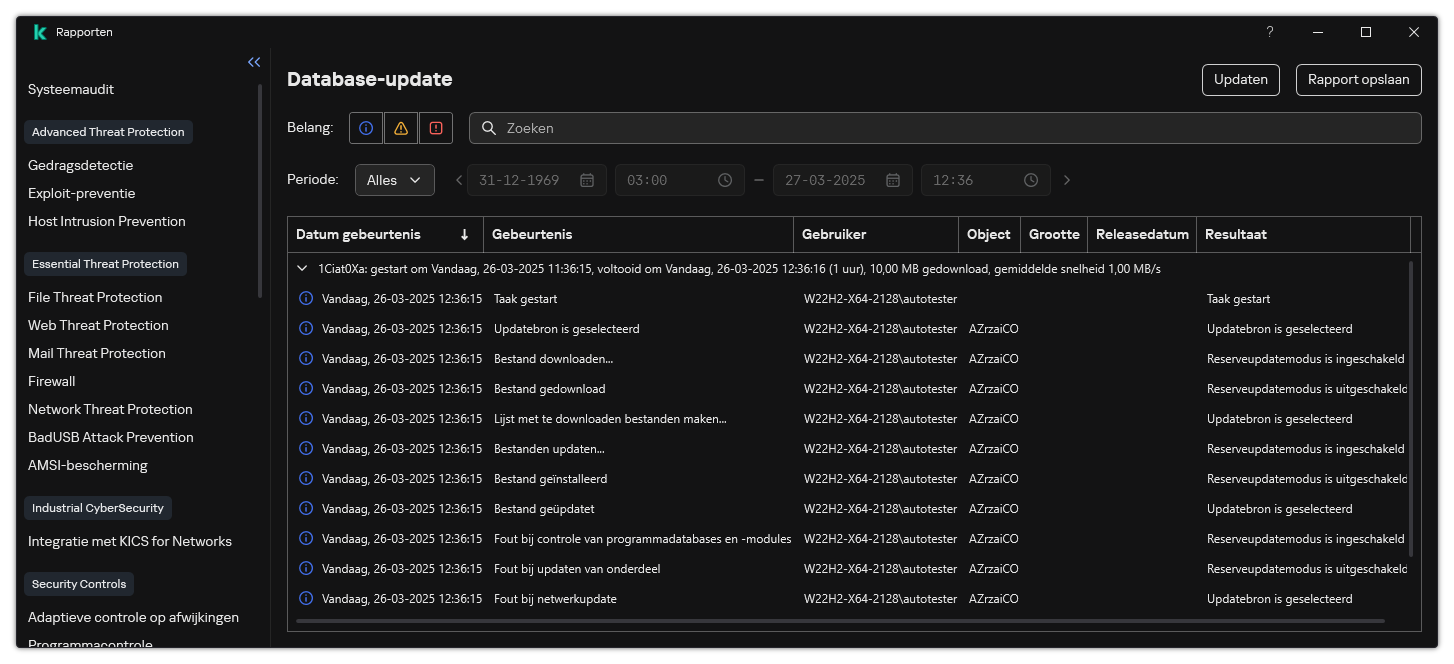 Een venster met de lijst van evenementen in het rapport. De gebruiker kan gebeurtenissen filteren/sorteren en rapporten opslaan in een bestand.