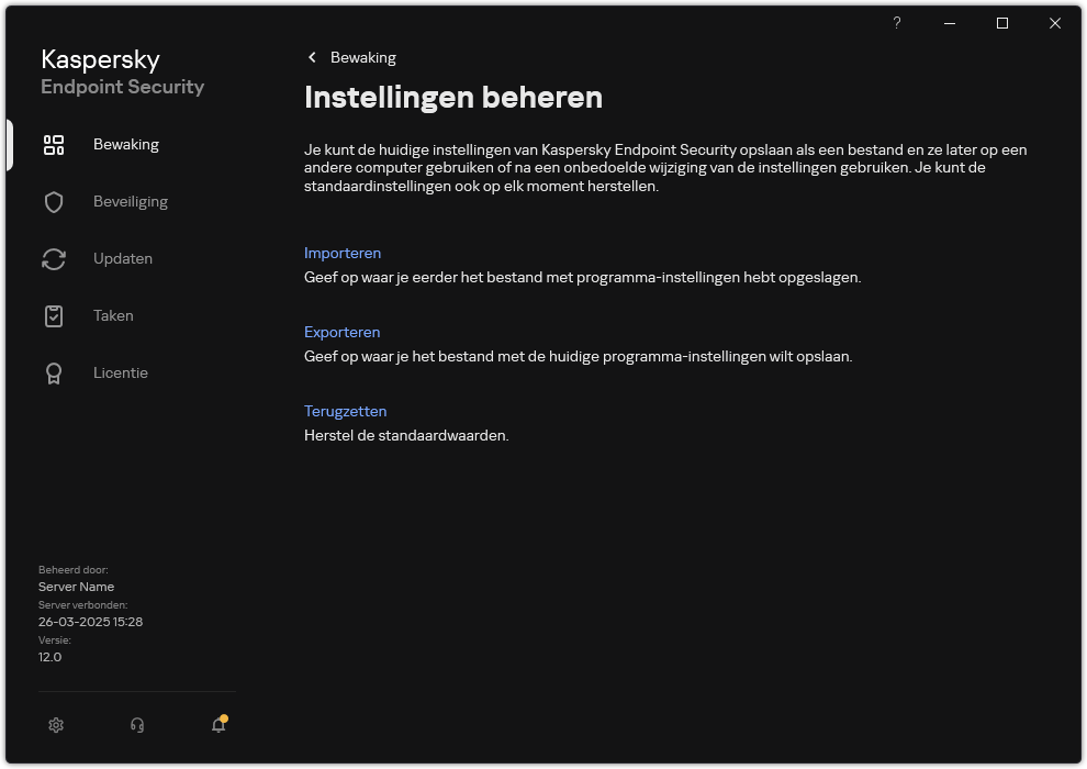 Venster instellingen voor uitzonderingen. De gebruiker kan programma-instellingen exporteren, importeren of herstellen.