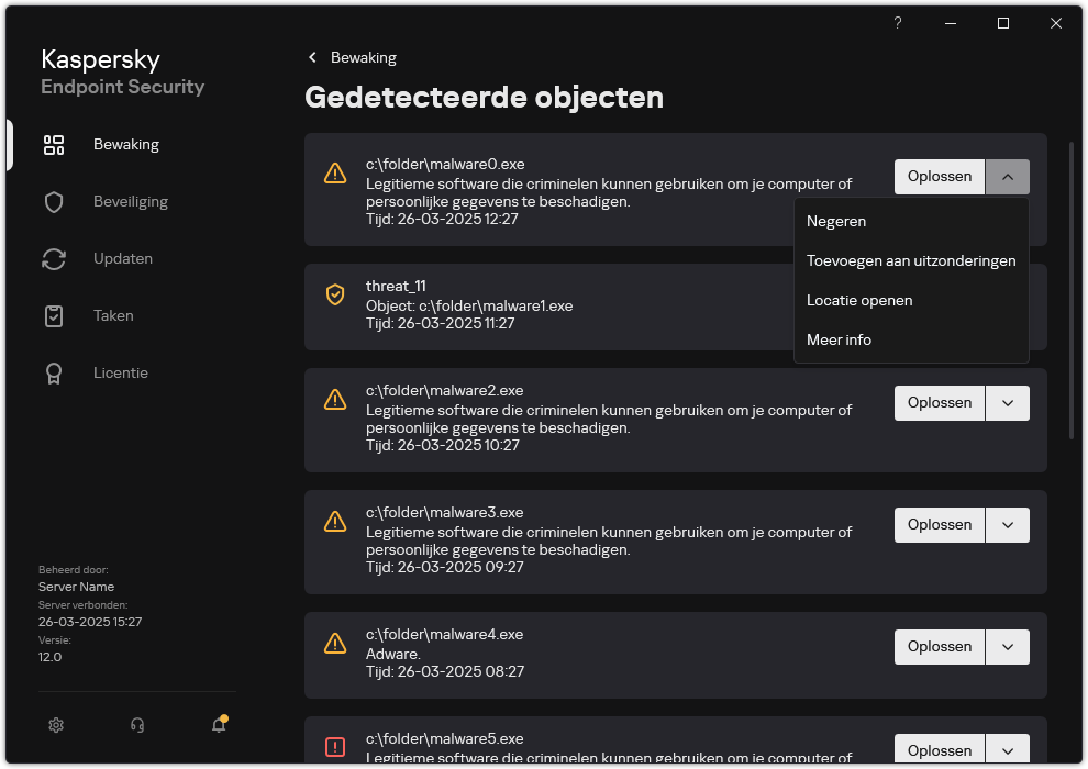 Een venster met de lijst met gedetecteerde objecten. Er wordt informatie over het object weergegeven. De gebruiker kan het object oplossen of verwijderen.
