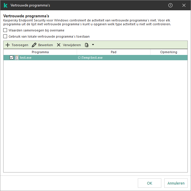 Een venster met de lijst met vertrouwde programma's. De gebruiker kan een vertrouwd programma toevoegen, bewerken of verwijderen.
