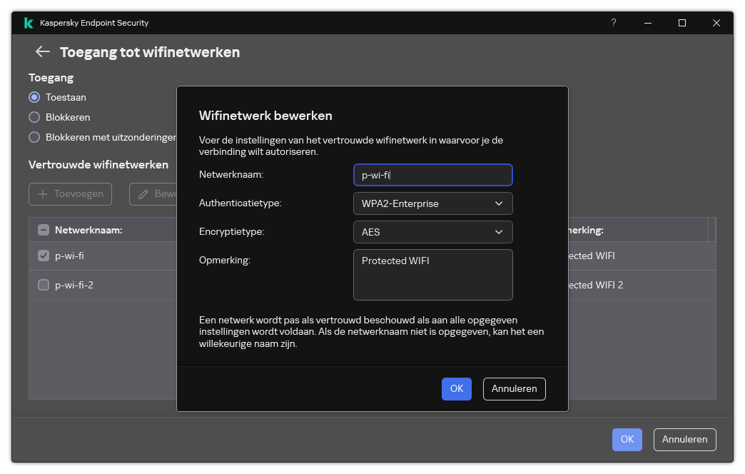Het venster bevat de instellingen van het vertrouwde wifi-netwerk.