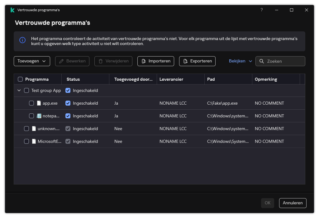 Een venster met de lijst met vertrouwde programma's. De gebruiker kan een vertrouwd programma toevoegen, bewerken of verwijderen.