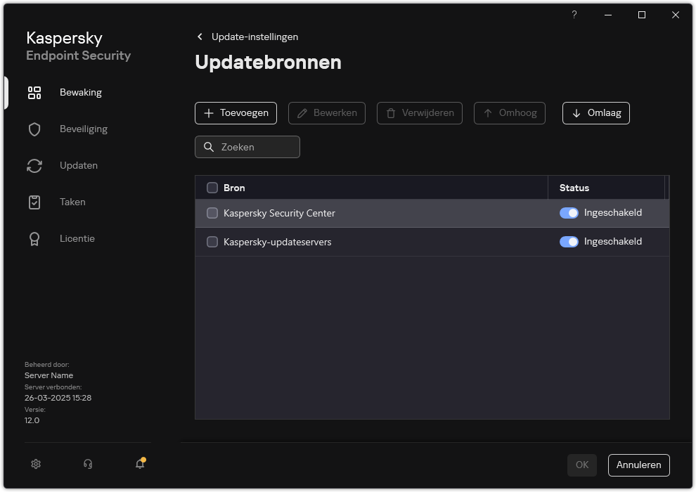 Een venster met de lijst met updatebronnen. De gebruiker kan updatebronnen toevoegen en een prioriteit aan de bron toewijzen.