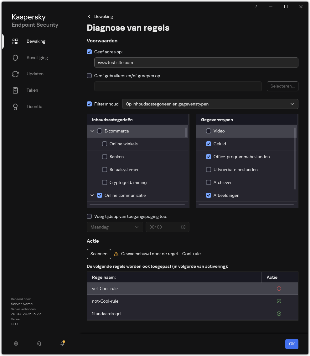 Venster met testresultaten van webbronnen.