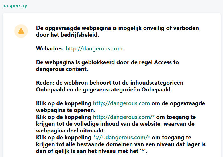 Kaspersky-melding over het bezoeken van een mogelijk onveilige webpagina in het browservenster. De gebruiker kan een verzoek maken om de webbron te openen.