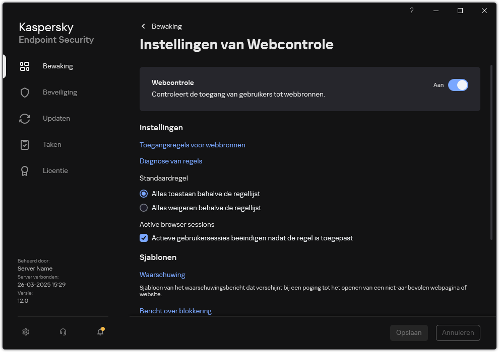 Webcontrole instellingen venster.
