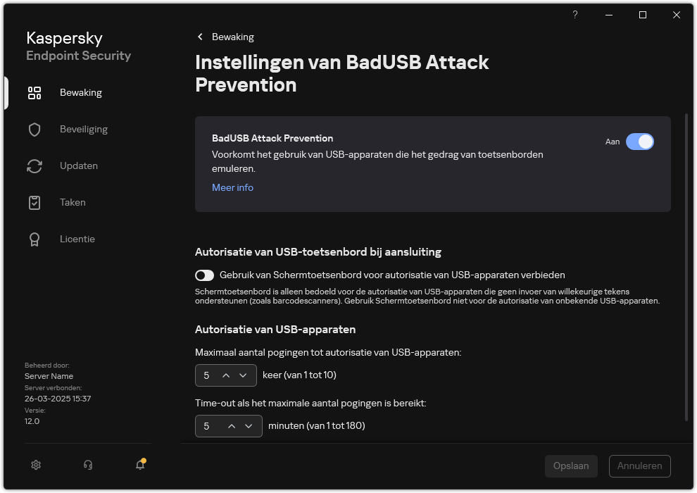 Het instellingen venster van BadUSB Attack Prevention.