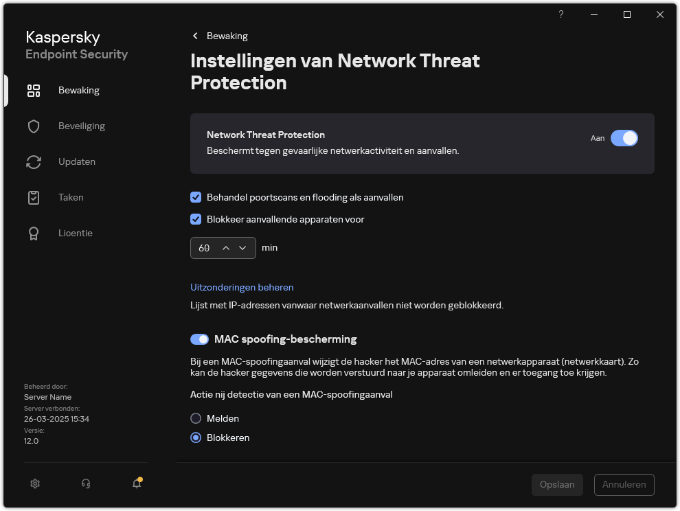 Network Threat Protection instellingenvenster