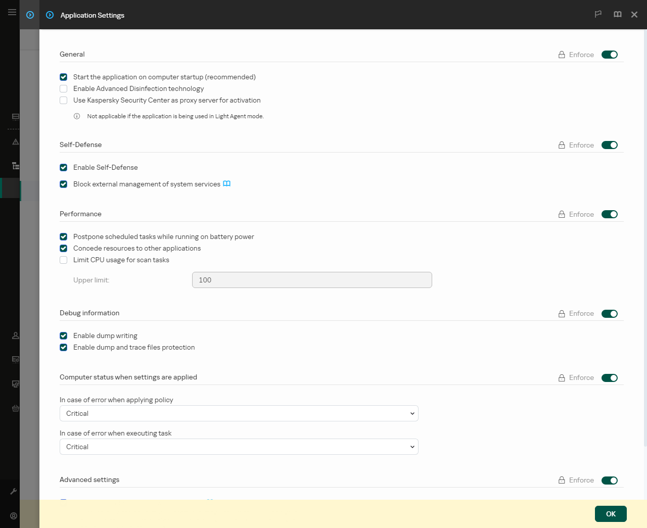 Venster programma-instellingen. De gebruiker kan prestaties, zelfverdediging en andere instellingen configureren.